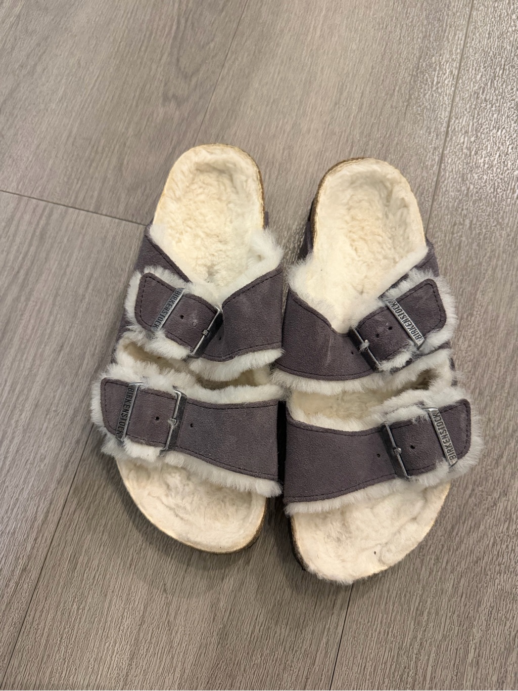 Birkenstock Shearling-Lined Double Buckle Sandals In Gray And Cream Size 38